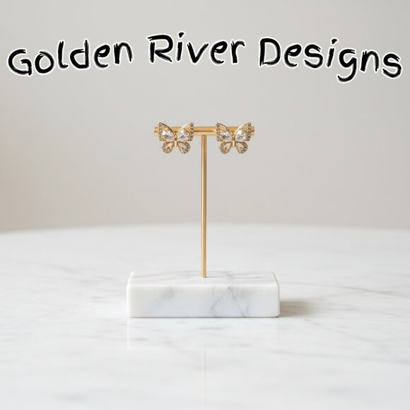 18K Gold Plated Zircon White Butterfly Earrings - Picture 1 of 3